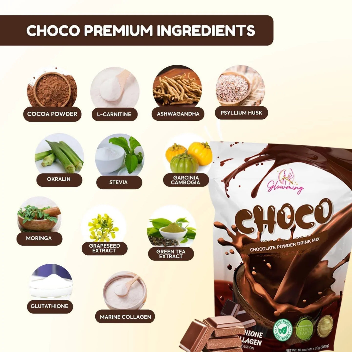 Glowming Choco Powder Drink Mix - 10 Sachets x 20g