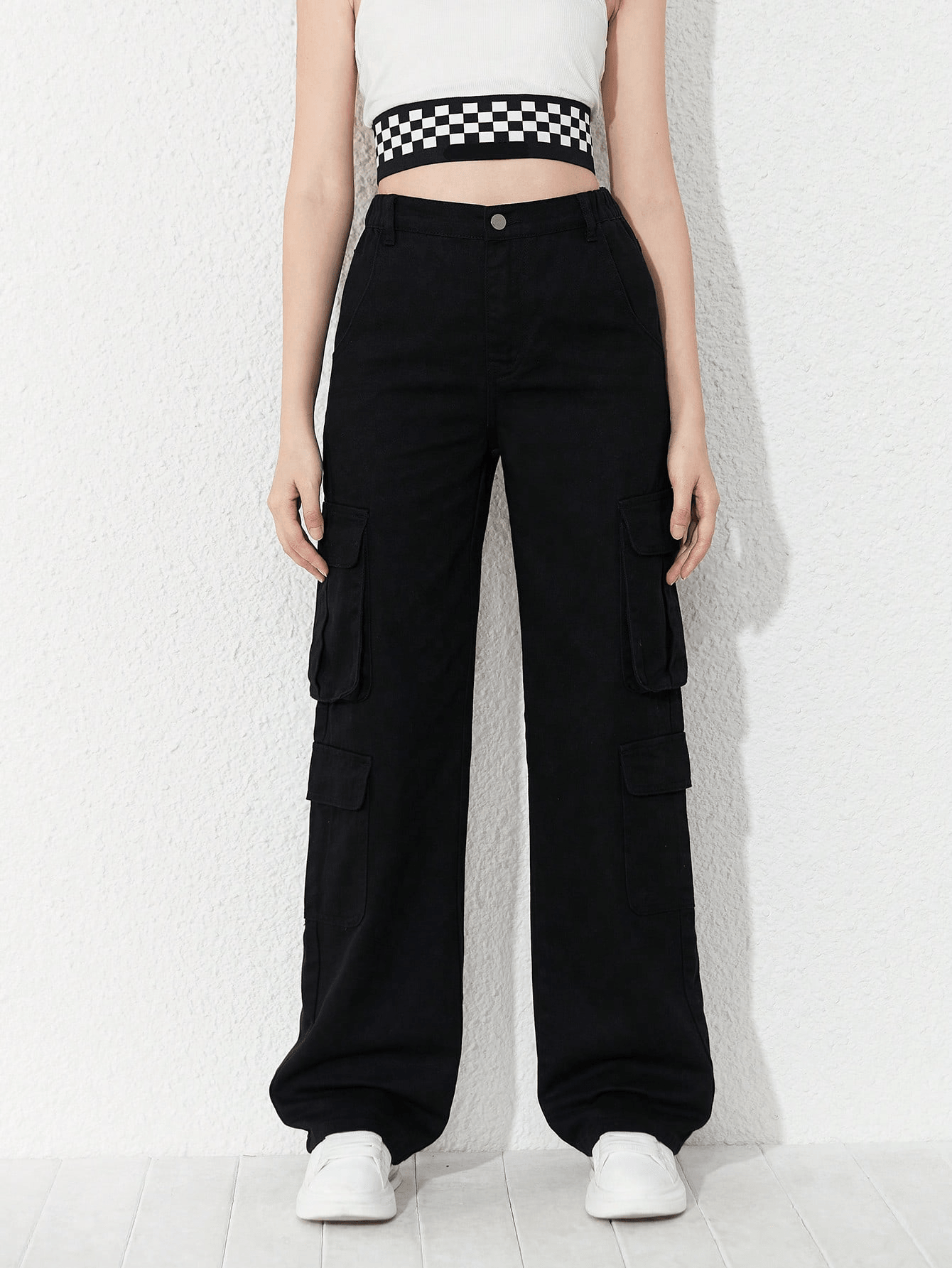 Women Wide Leg Flap Pocket Cargo Jeans - 6688#