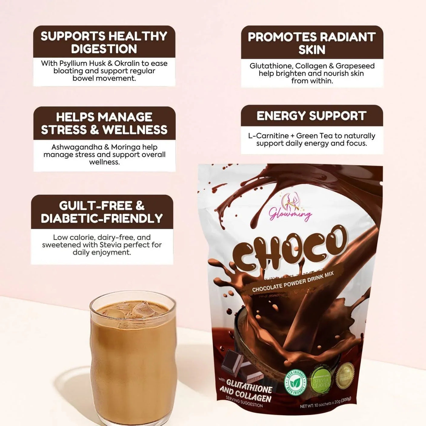 Glowming Choco Powder Drink Mix - 10 Sachets x 20g