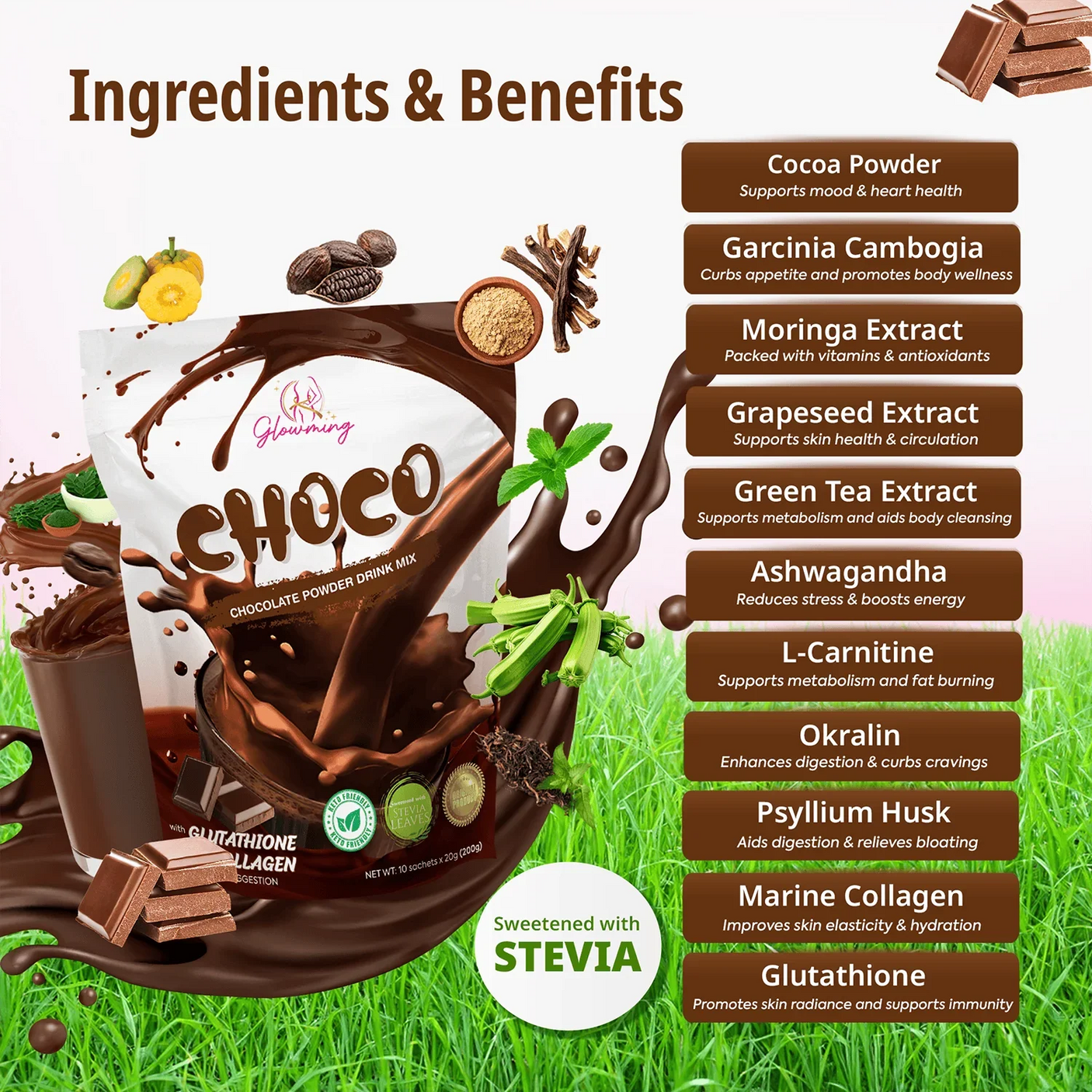 Glowming Choco Powder Drink Mix - 10 Sachets x 20g