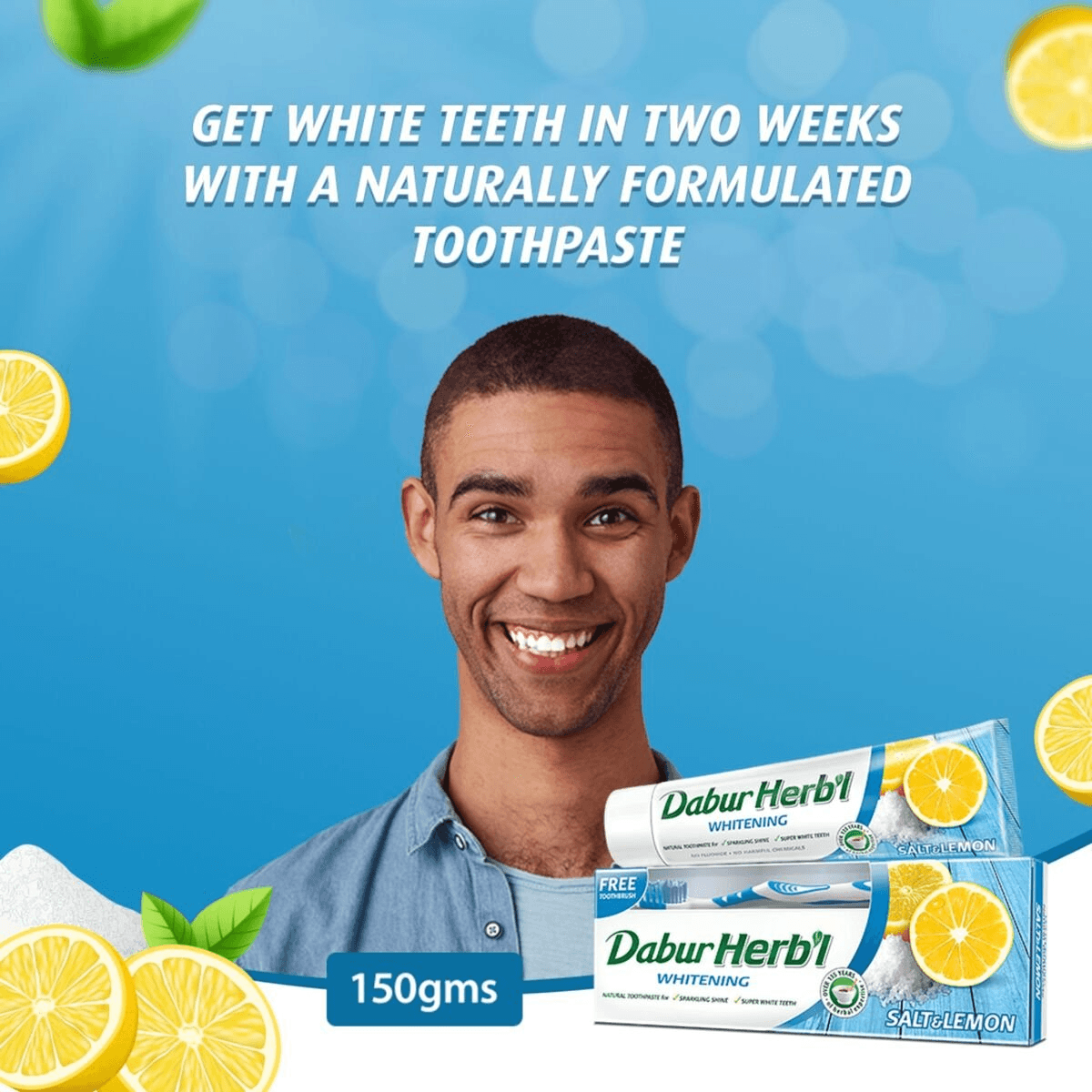 Dabur Herbal Brightening Salt & Lemon Toothpaste With Tooth Brush Free - 150g