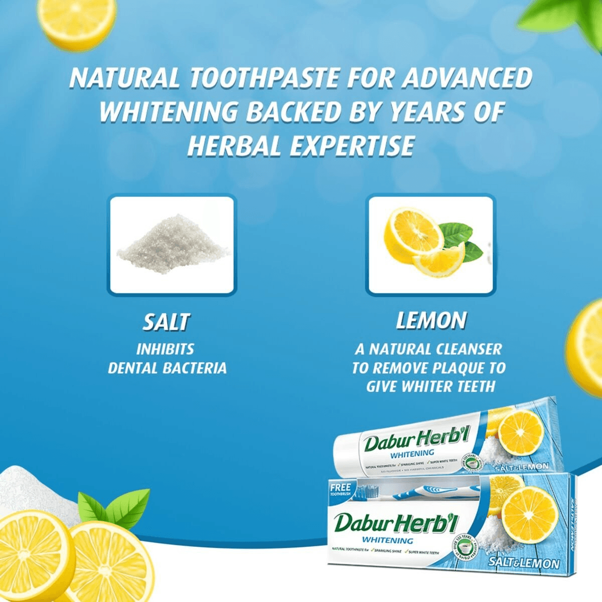 Dabur Herbal Brightening Salt & Lemon Toothpaste With Tooth Brush Free - 150g