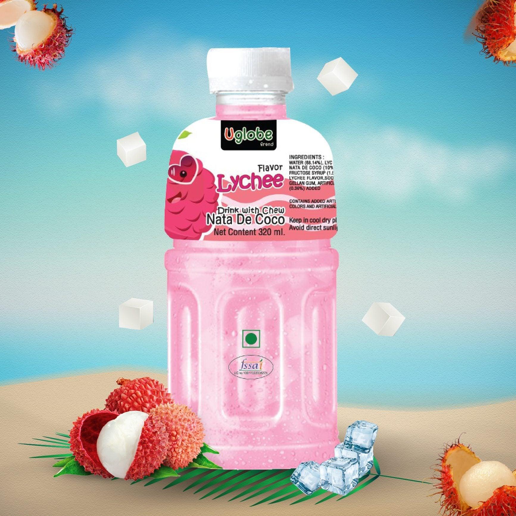 Uglobe Lychee Juice Drink With Chew Nata De Coco - 320ml X 6 Pcs