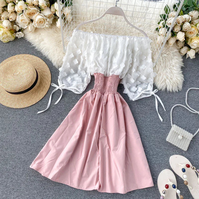 Slash Neck Solid Chiffon Puff Sleeve Flower Party Dress