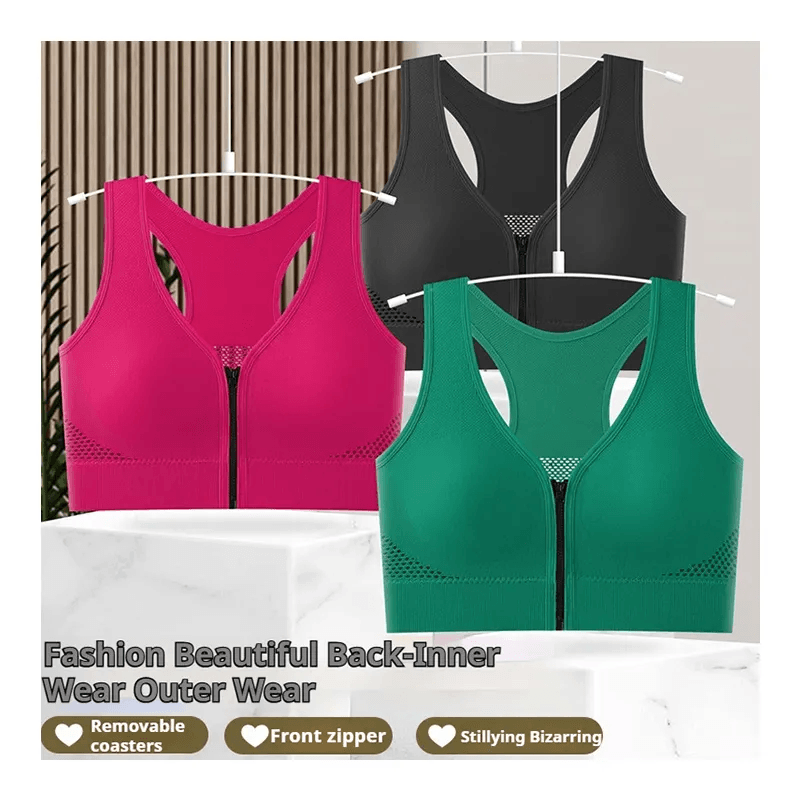 Front Zipper Breathable Seamless Wide Shoulder Sling Bra - XW8868