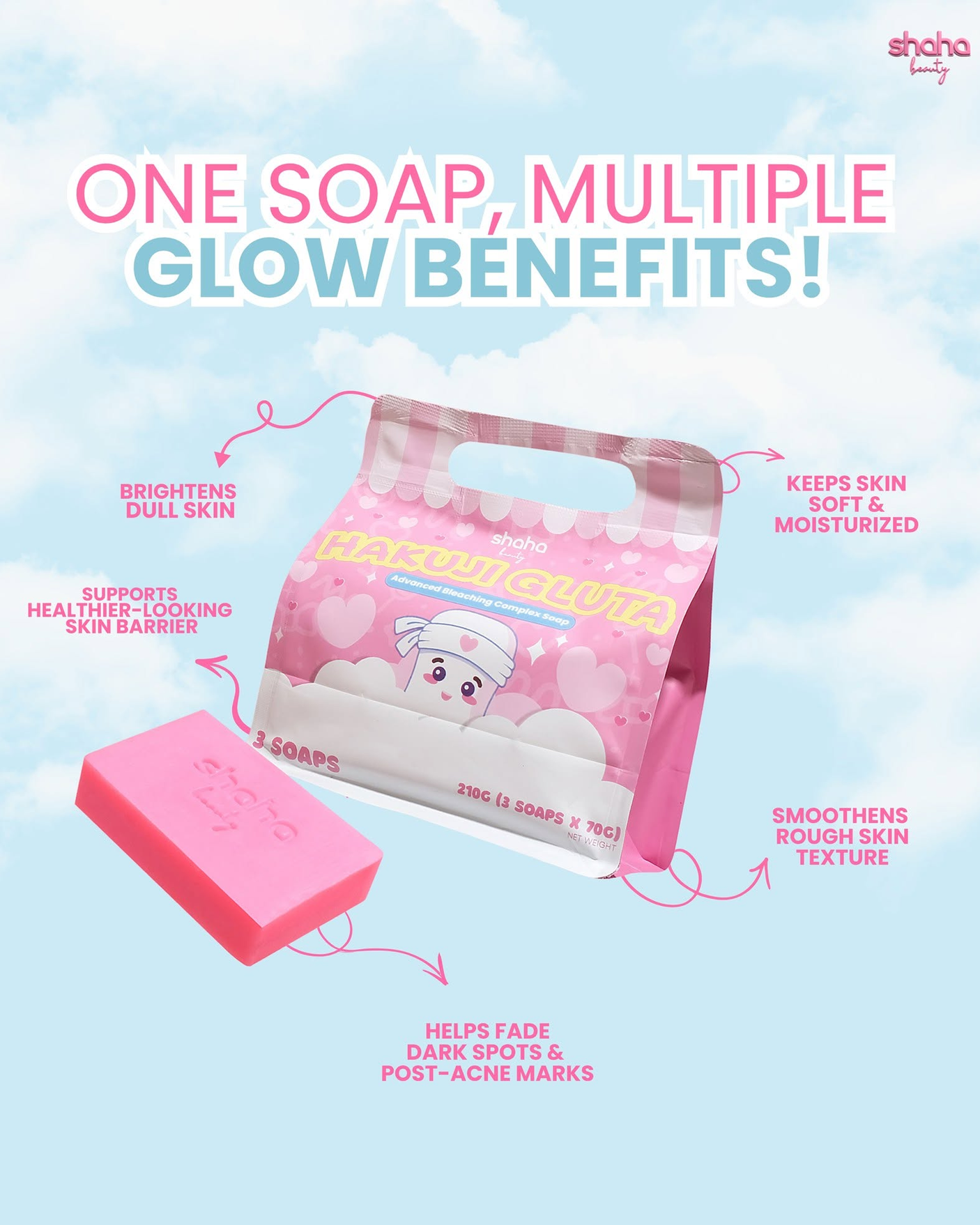 Shaha Beauty Hakuji Gluta Soap - 3 Bars × 70g (210g)