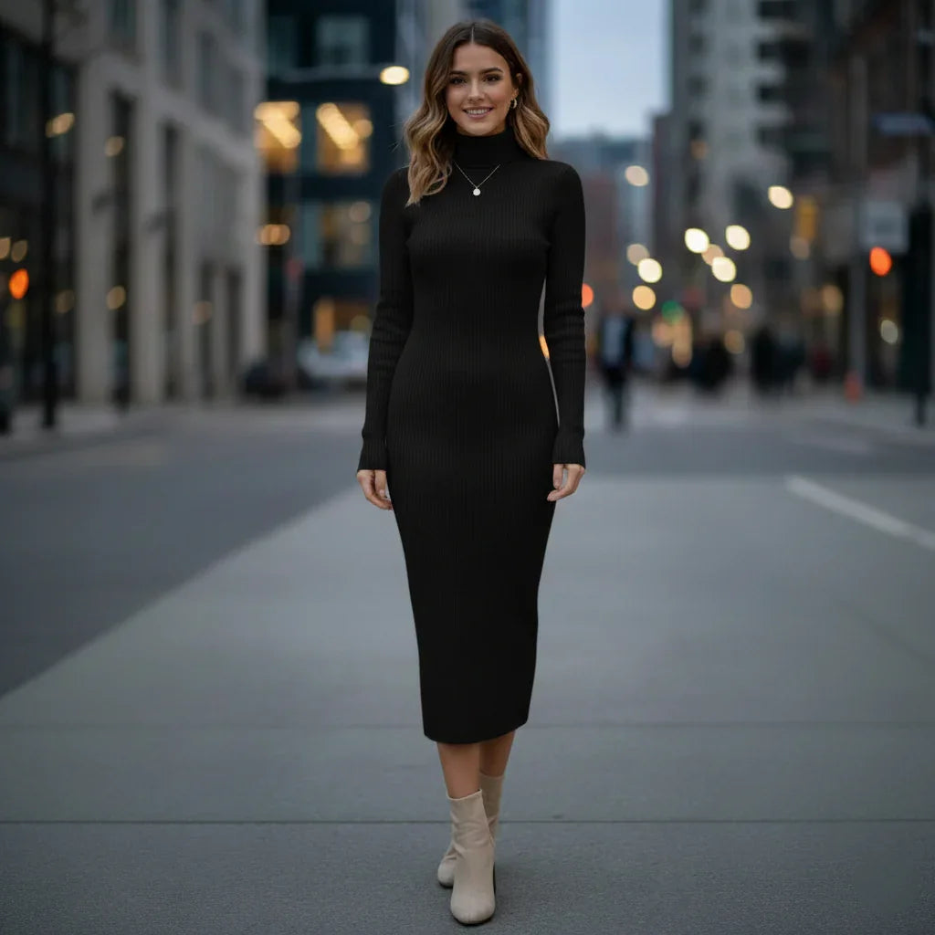 Women's Chic Ribbed Bodycon Turtleneck Dress