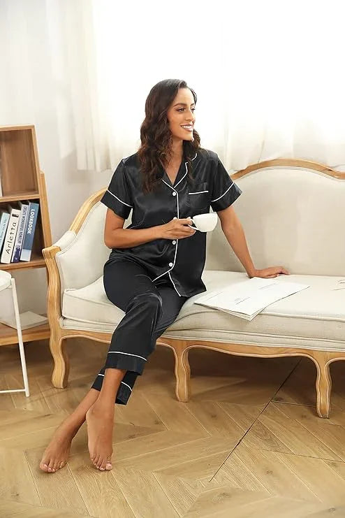 Women's Korean Fashion Silk Pajamas 2 Pcs Set - E8089