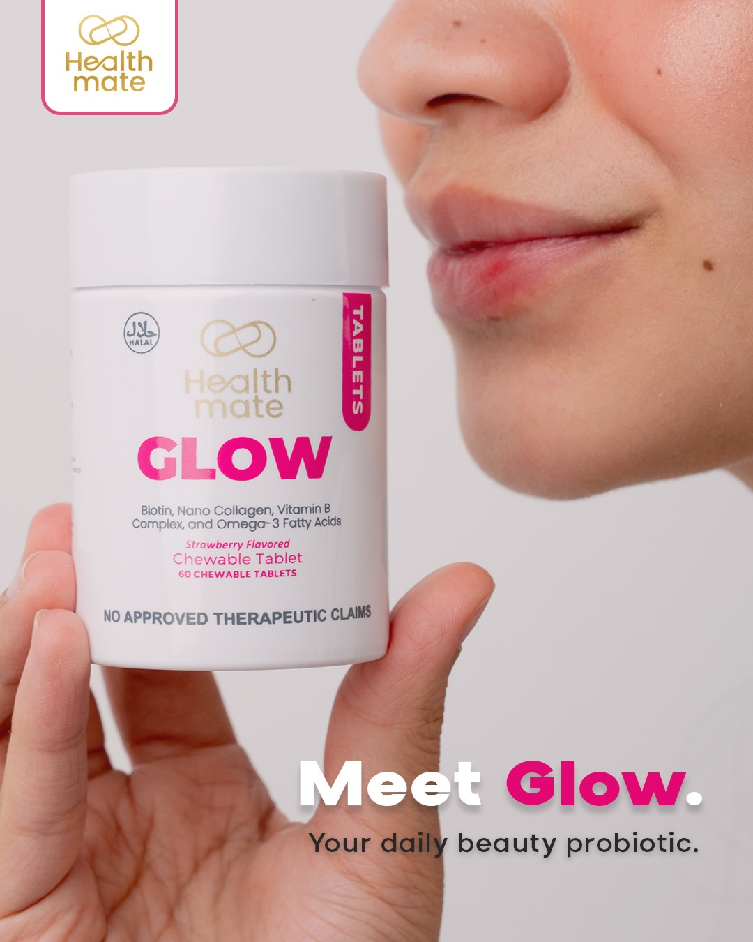كبسولات "هيلث ميت جلو" (Healthmate Glow) القابلة للمضغ - كولاجين وفيتامينات متعددة - 60 كبسولة