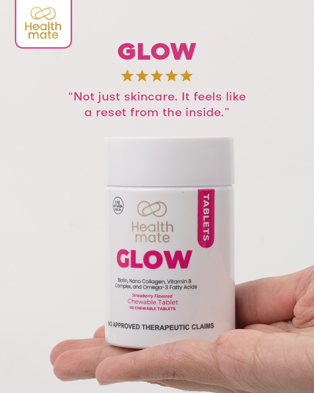 كبسولات "هيلث ميت جلو" (Healthmate Glow) القابلة للمضغ - كولاجين وفيتامينات متعددة - 60 كبسولة