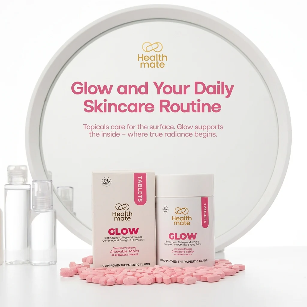 كبسولات "هيلث ميت جلو" (Healthmate Glow) القابلة للمضغ - كولاجين وفيتامينات متعددة - 60 كبسولة