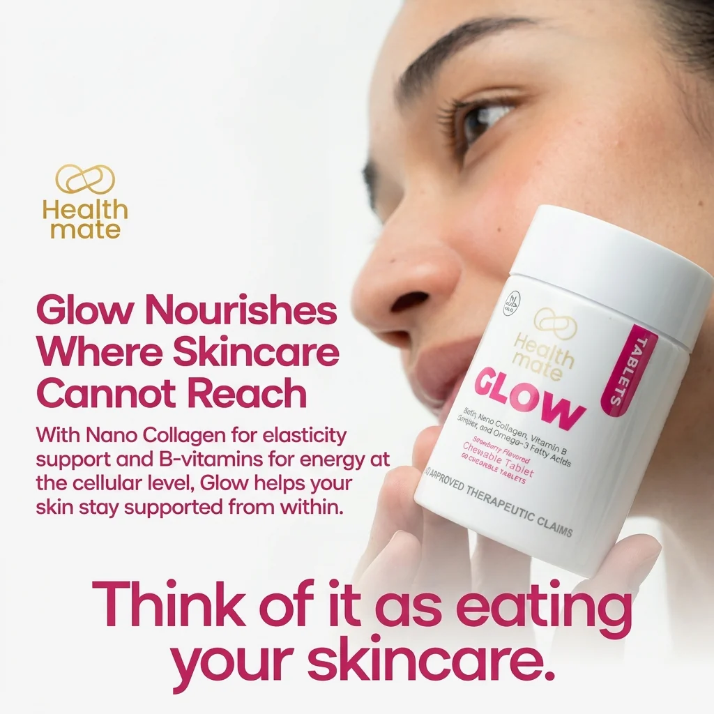 كبسولات "هيلث ميت جلو" (Healthmate Glow) القابلة للمضغ - كولاجين وفيتامينات متعددة - 60 كبسولة