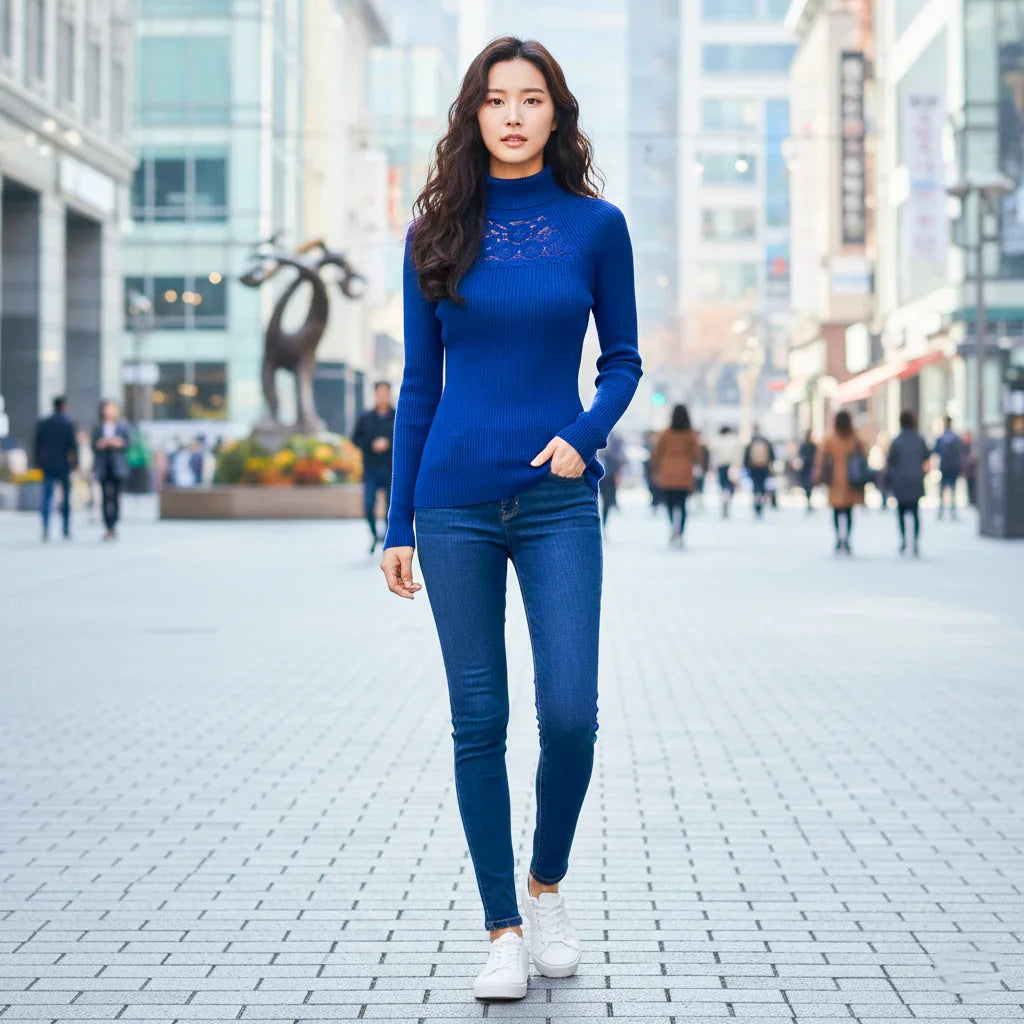 Women's Ribbed Knit Turtleneck Top with Sheer Lace Yoke