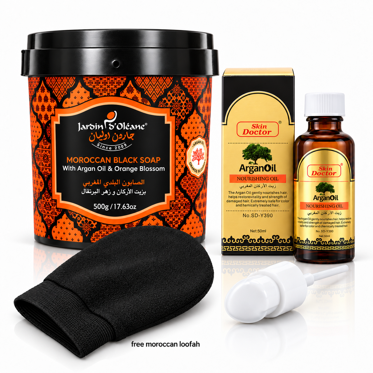 Jardin D Oleane Moroccan Black Soap with Orange Blossom & Argan Oil + Free Loofah