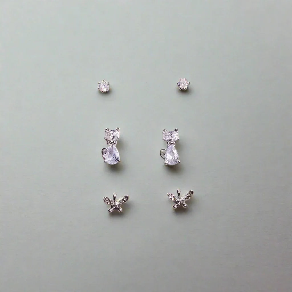 Silver Stainless Steel Korean Style Stud Earrings 3 Pairs - 107