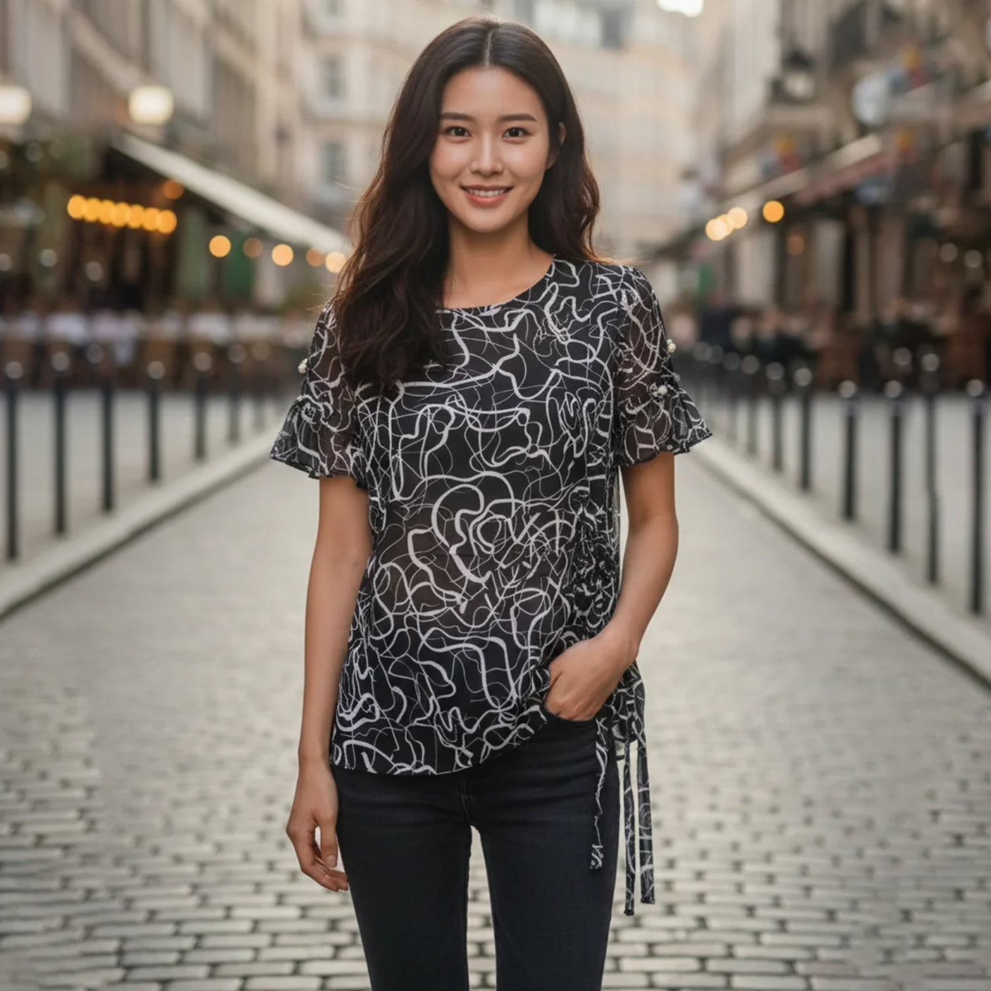 Women's Swirl Print Short Sleeve Tie-Waist Top - 99A