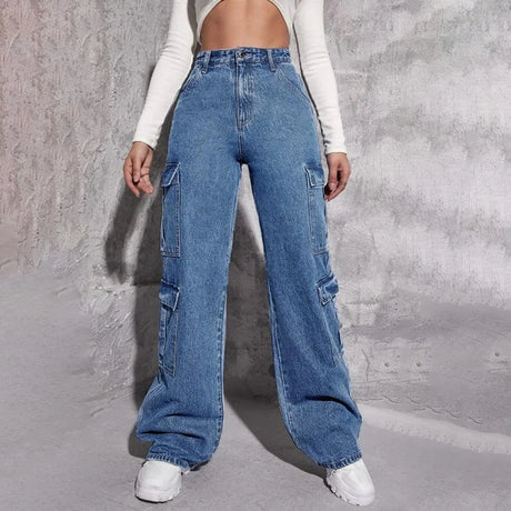 Women's Stylish Denim Cargo Pants With 8 Pockets - 6680#