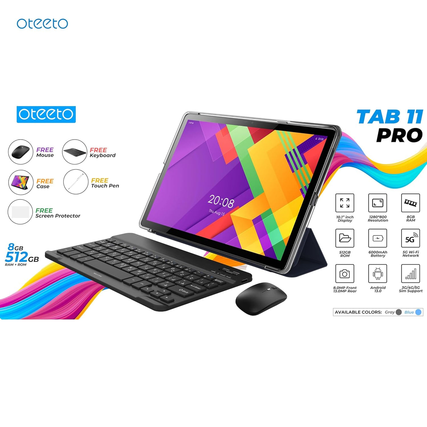 Oteeto Tab 11 Pro بذاكرة وصول عشوائي (RAM) سعة 8 جيجابايت وذاكرة تخزين داخلية سعة 512 جيجابايت ودعم شبكة 5G