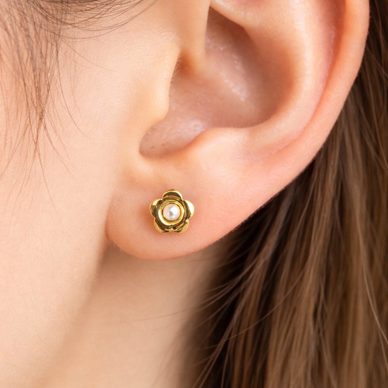 Golden Stainless Steel Small Pearl Design Stud Earrings - 123