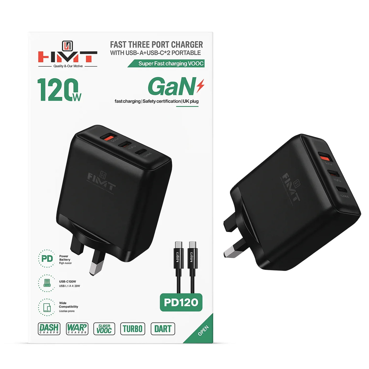 شاحن HMT سريع بثلاثة منافذ بقوة 120 واط - PD120