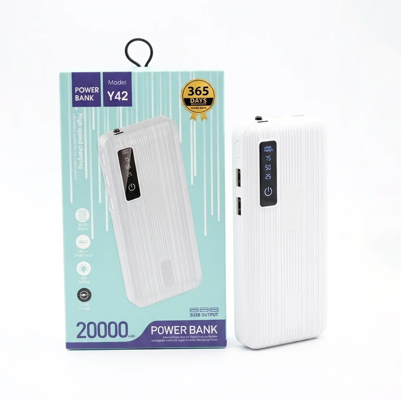 شاحن متنقل ببطارية 20000 مللي أمبير مع 3 منافذ USB - Y42