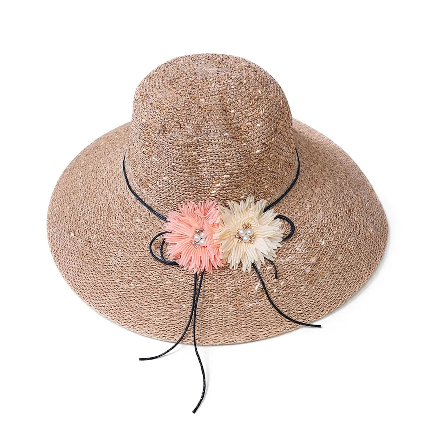 Women's Wide Brim Straw Sun Hat with Flower & Pearl Trim