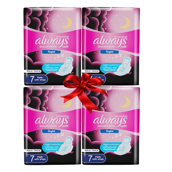 Always Breathable Soft Maxi Thick Night Sanitary Pads With Wings - 7 Pcs (3+1)