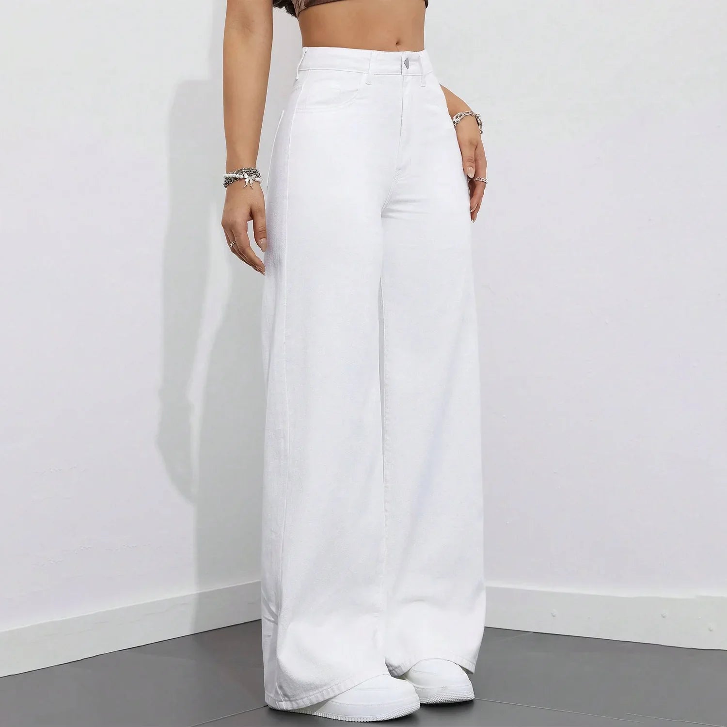 بنطلون جينز أبيض عريض الساقين أنيق كاجوال نسائي عريض الساقين أبيض - 8811#