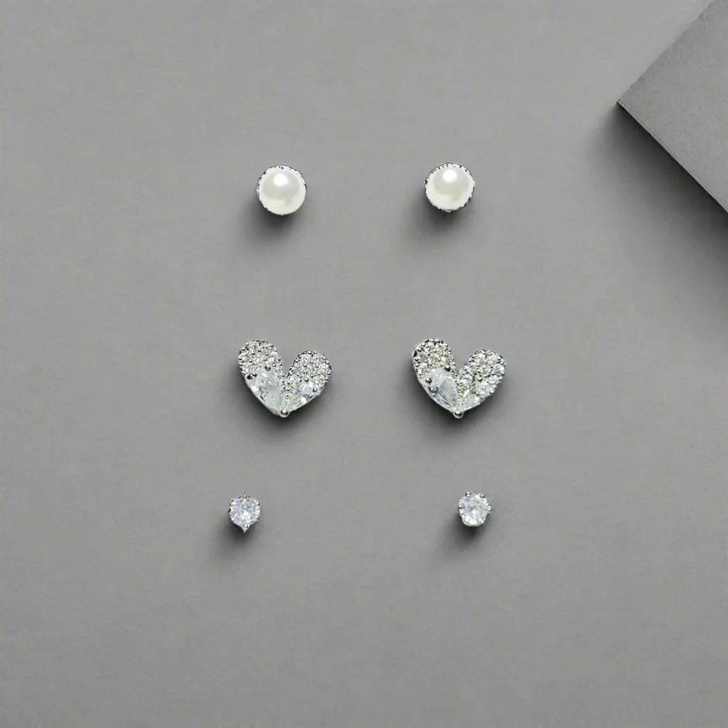 Silver Stainless Steel Korean Style Stud Earrings 3 Pairs - 116