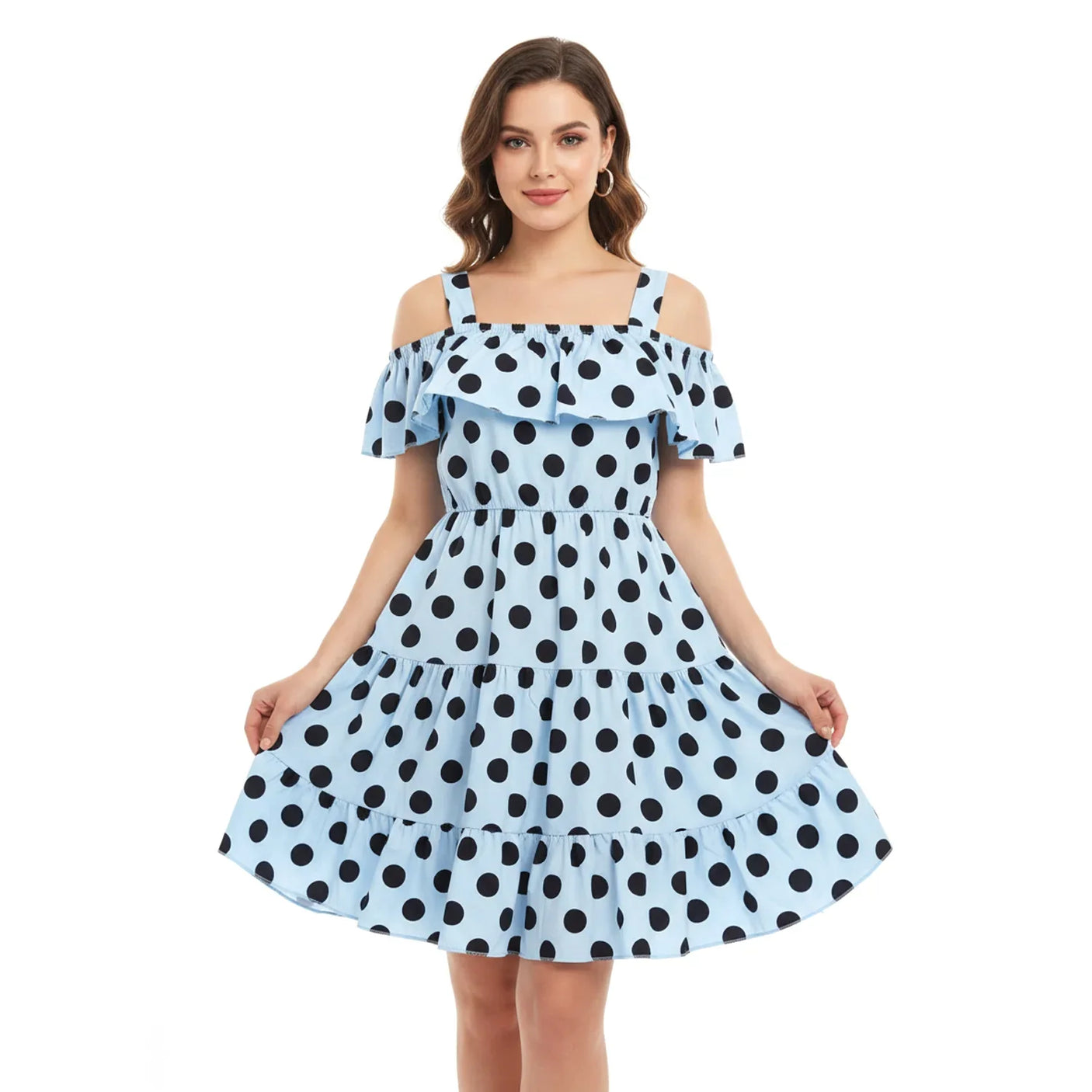 Women's Polka Dot Cold Shoulder Tiered Dress