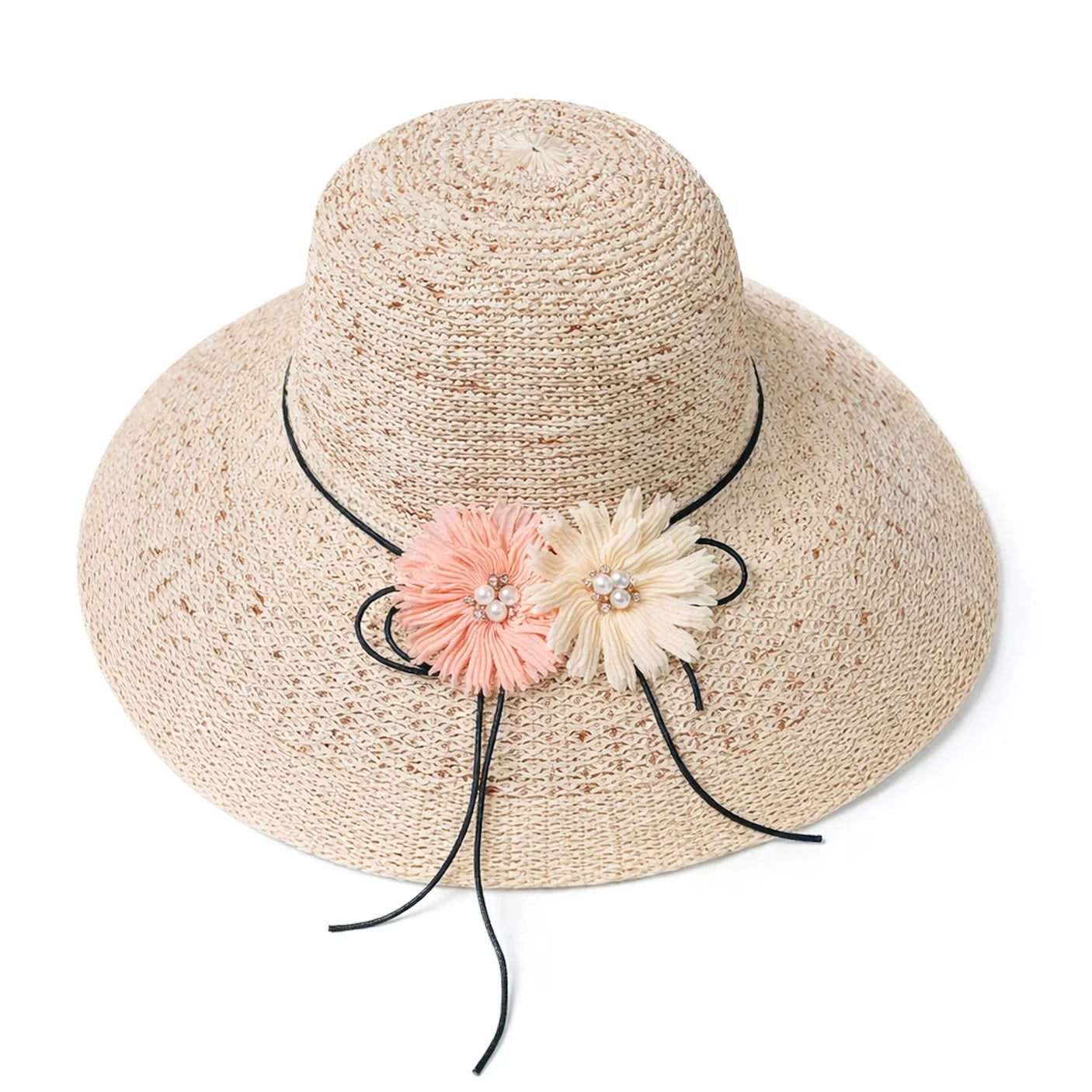 Women's Wide Brim Straw Sun Hat with Flower & Pearl Trim