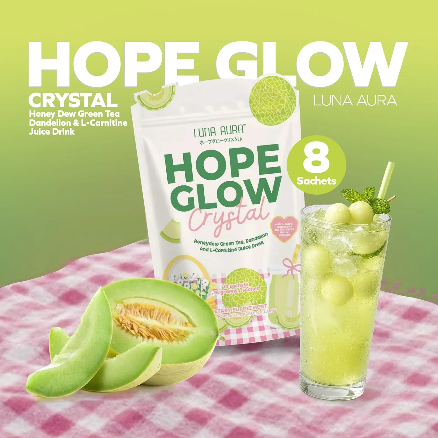 Luna Aura Hope Glow Crystal Honeydew Green Tea - 10 Sachets x 18g