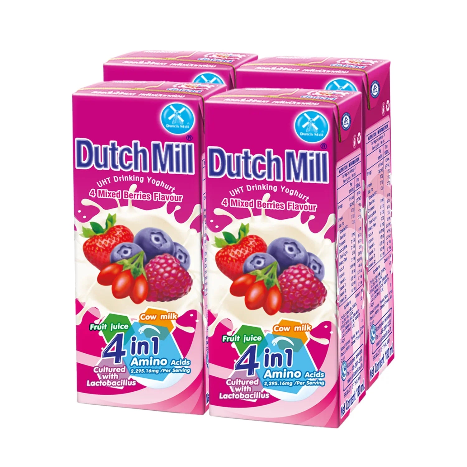 Dutch Mill Yoghurt Drink Mixed Berries Flavour - 180ml × 4 Pcs