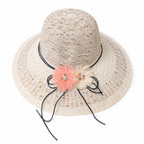 Women's Wide Brim Straw Sun Hat with Flower & Pearl Trim
