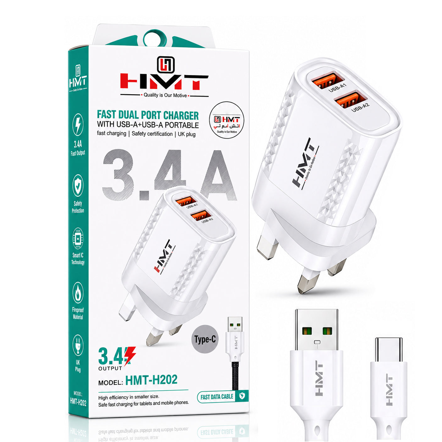 HMT 3.4A Output Dual USB Type-C Fast Charger - H202