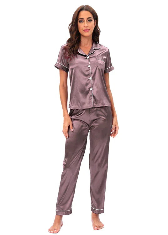 Women's Korean Fashion Silk Pajamas 2 Pcs Set - E8089