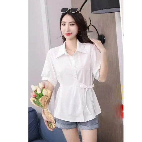 Women's Short Sleeve Side Bow Tie Fashion Tops - 016