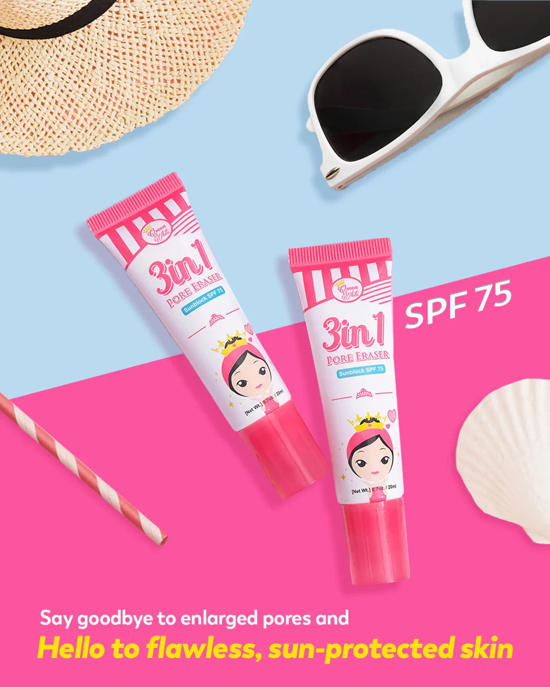 Queen White 3 in 1 Pore Eraser Sunblock Gel SPF75 - 20ml