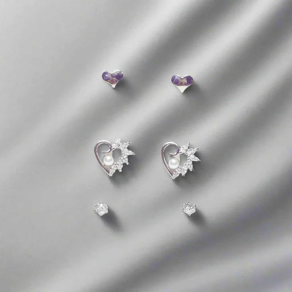 Silver Stainless Steel Korean Style Stud Earrings 3 Pairs - 117