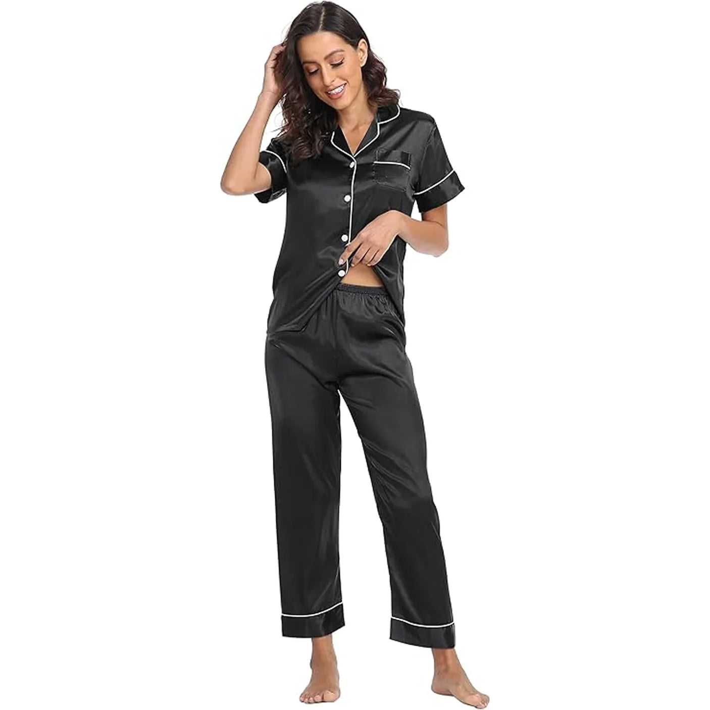Women's Korean Fashion Silk Pajamas 2 Pcs Set - E8089