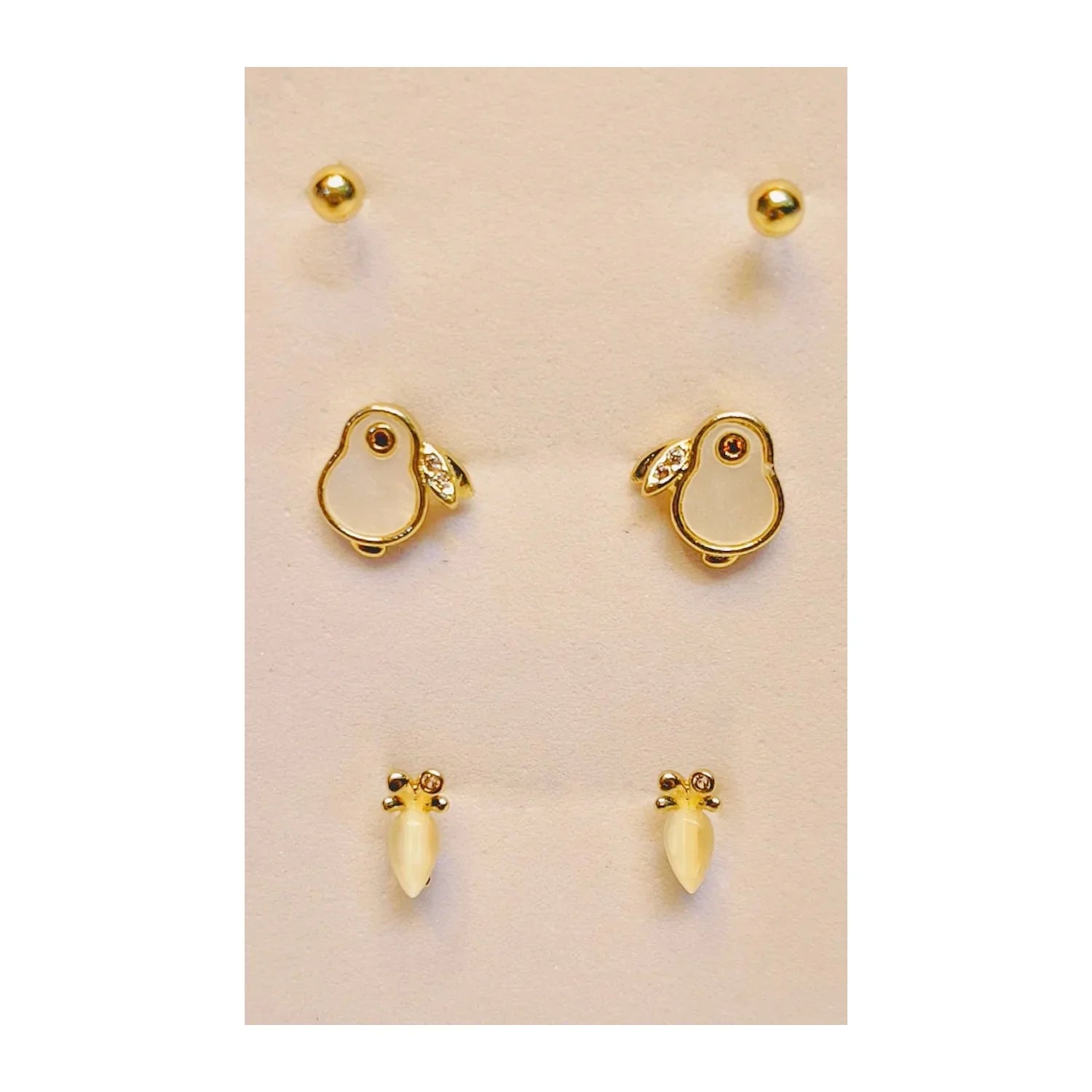 Golden Stainless Steel Korean Style Stud Earrings 3 Pairs - 115