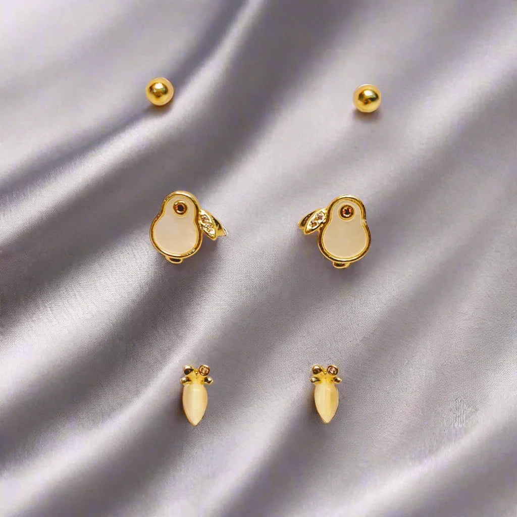 Golden Stainless Steel Korean Style Stud Earrings 3 Pairs - 115