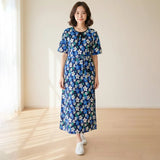 Women's Short Sleeve Floral Midi Dress with Waist Tie - 0000805