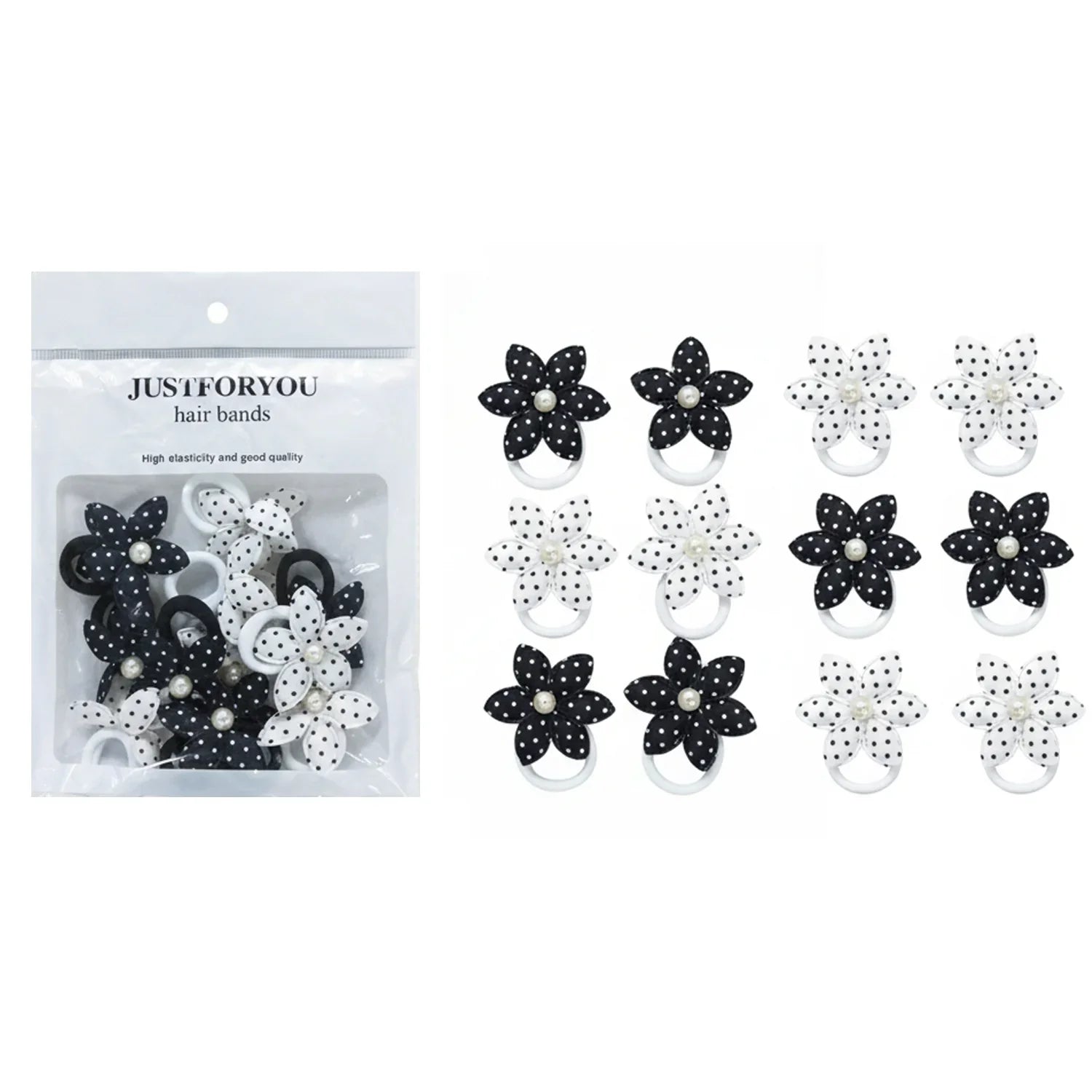 Polka Dot Flower Hair Band With Pearl - 12 Pcs