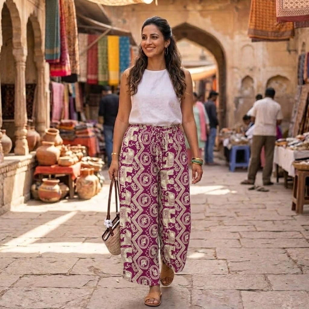 Women's Elephant Print Wide Leg Palazzo Pants - YH815#