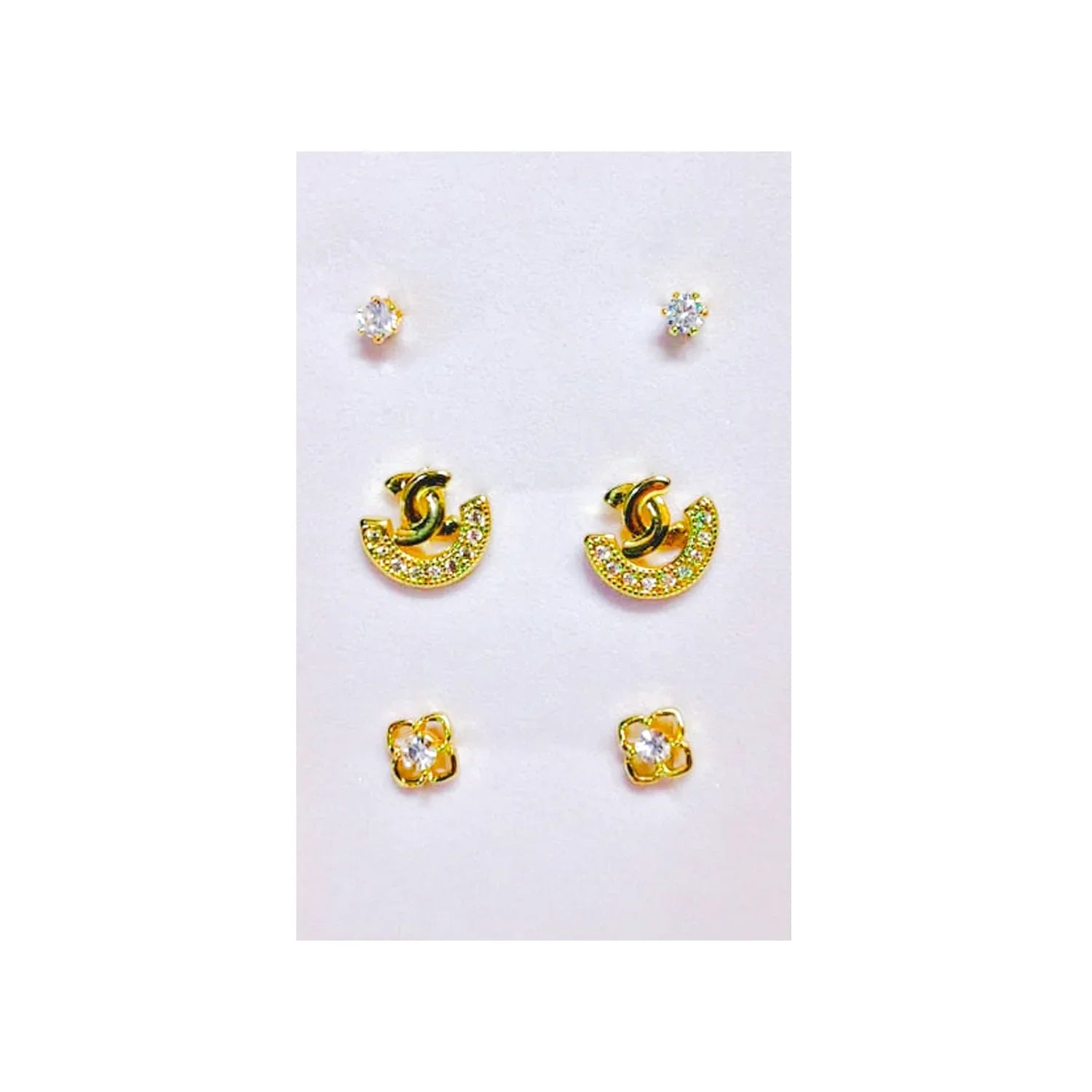 Golden Stainless Steel Korean Style Stud Earrings 3 Pairs - 102