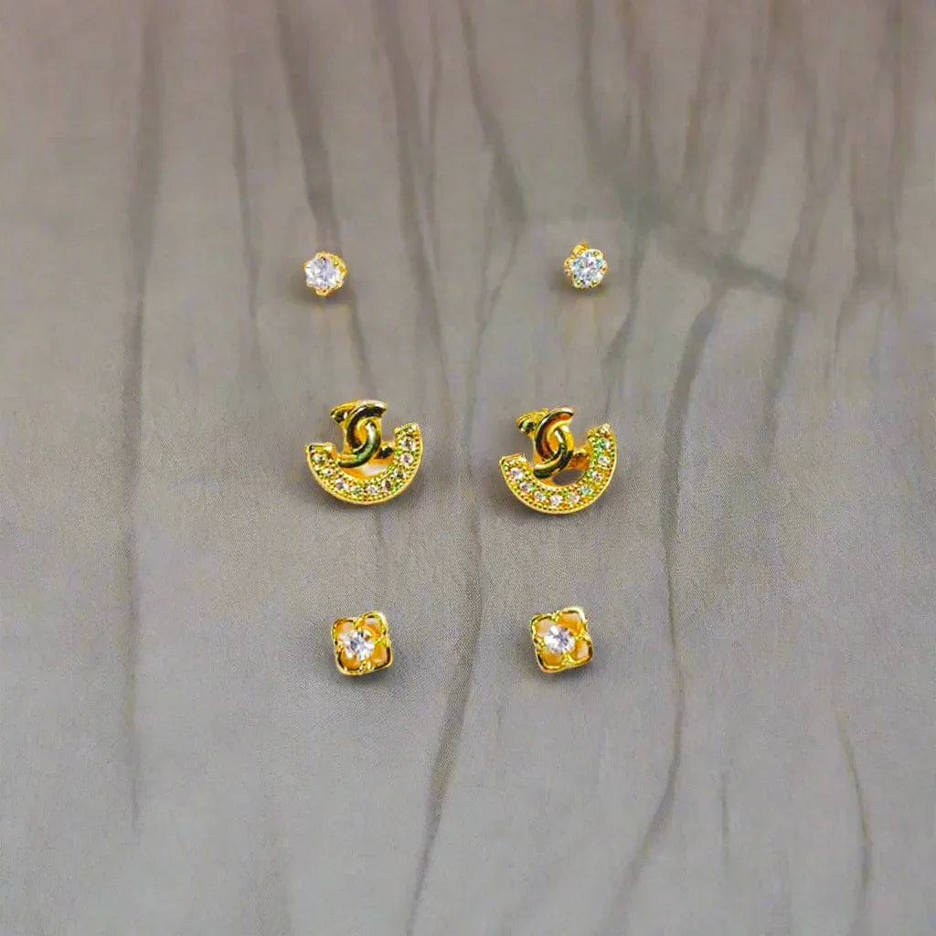 Golden Stainless Steel Korean Style Stud Earrings 3 Pairs - 102