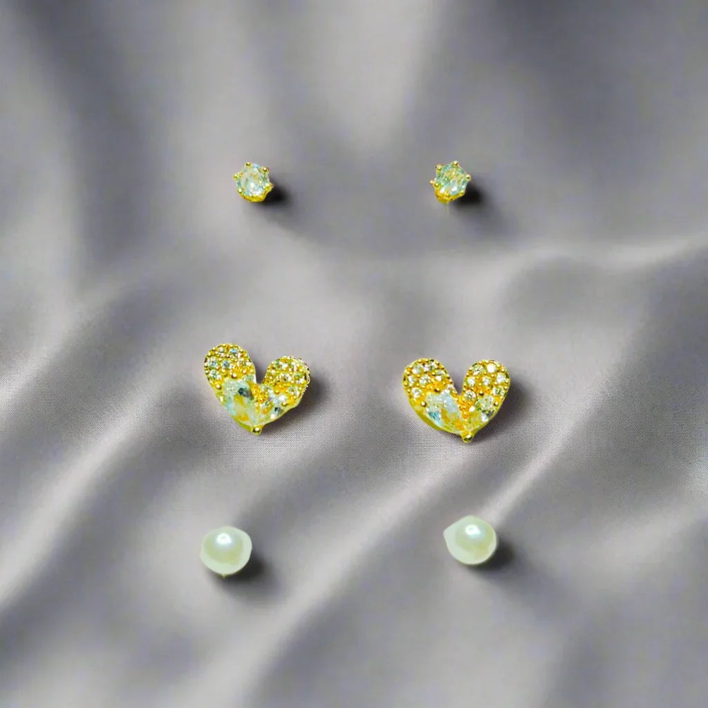 Golden Stainless Steel Korean Style Stud Earrings 3 Pairs - 121