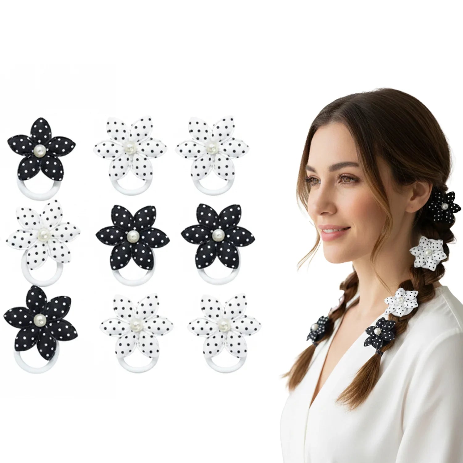 Polka Dot Flower Hair Band With Pearl - 12 Pcs