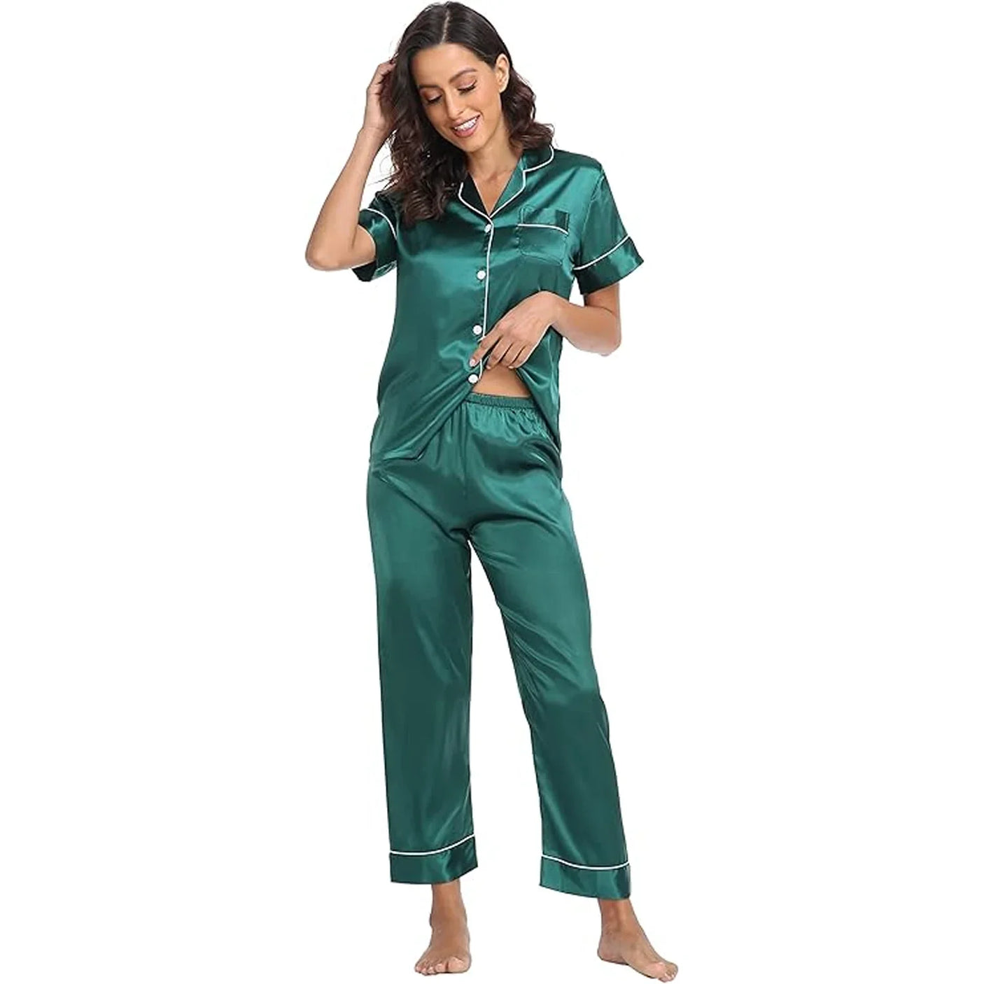 Women's Korean Fashion Silk Pajamas 2 Pcs Set - E8089